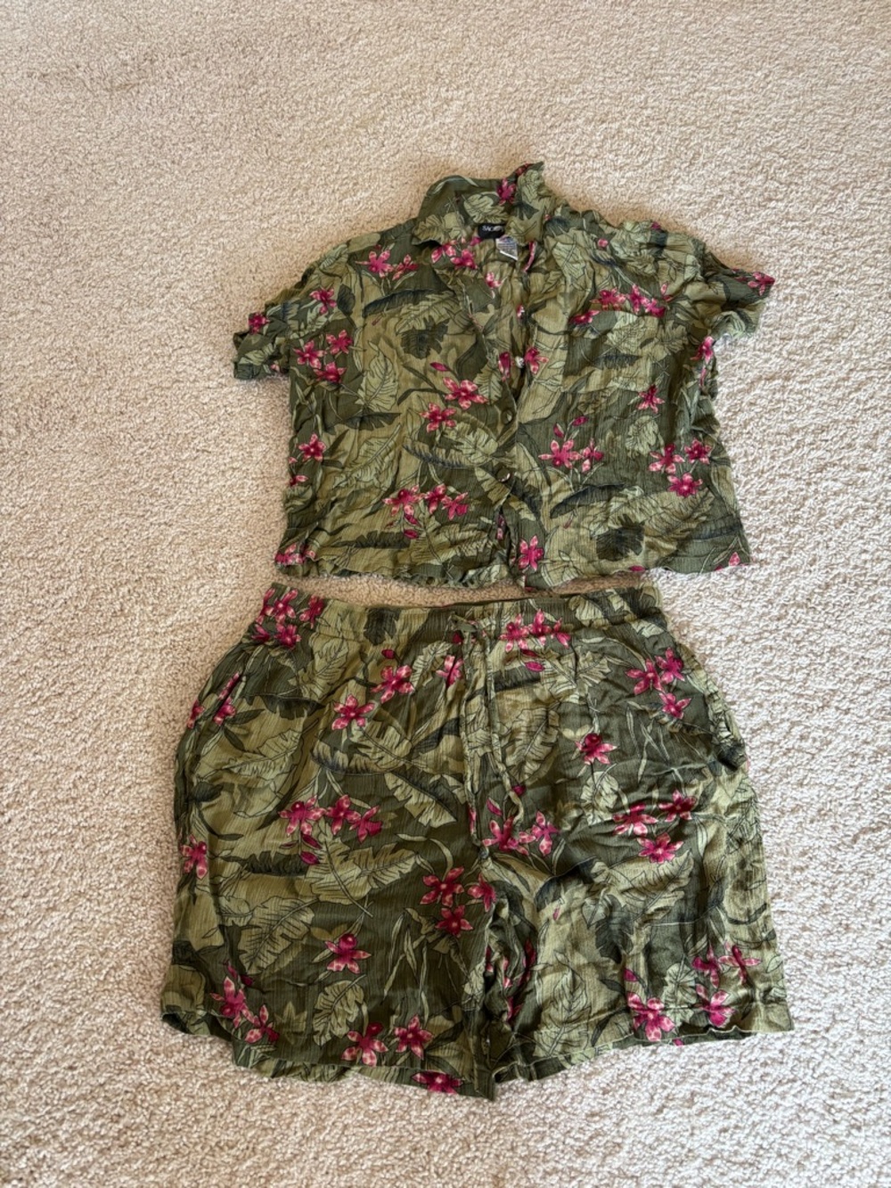 EUC Two-Piece Tropical Top & Shorts Set - Olive Green with Pink Floral